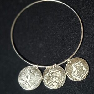Bangle Bracelet Silver Tone Charm Bangle Three Round Coin Charms Animal Designs